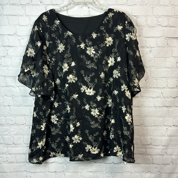 BloomChic Black Floral Split Sleeve Chiffon Sheer Overlay Blouse Plus Si… - Picture 2 of 7